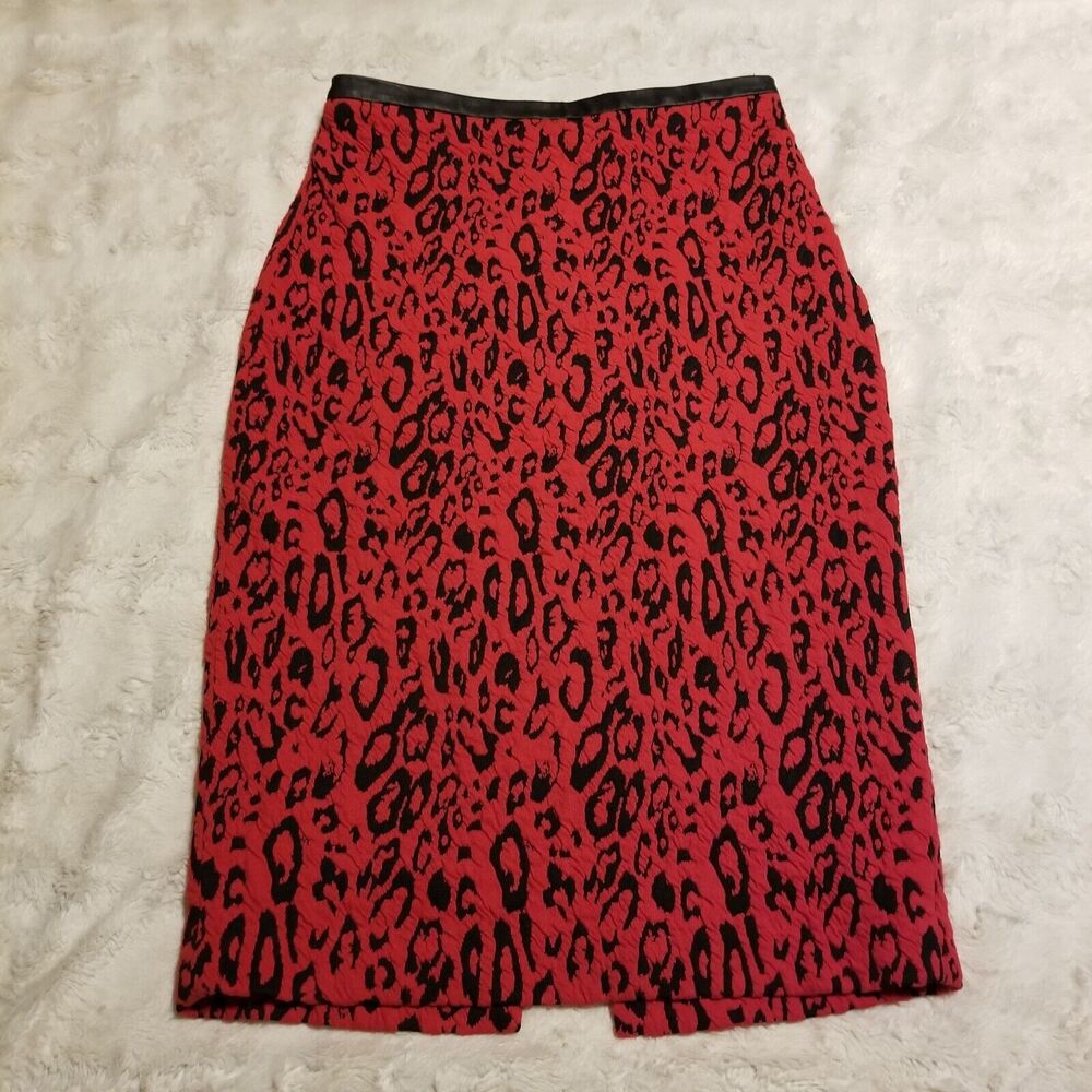 Express Vintage Animal Print Skirt Women's Size 6 Red Black Midi Y2k
